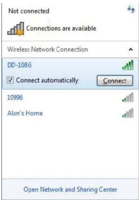 Not connected Connections are available Wireless Network Connection DD-108G Connect automatically Connect 10996 Alan's Home Open Network and Sharing Center