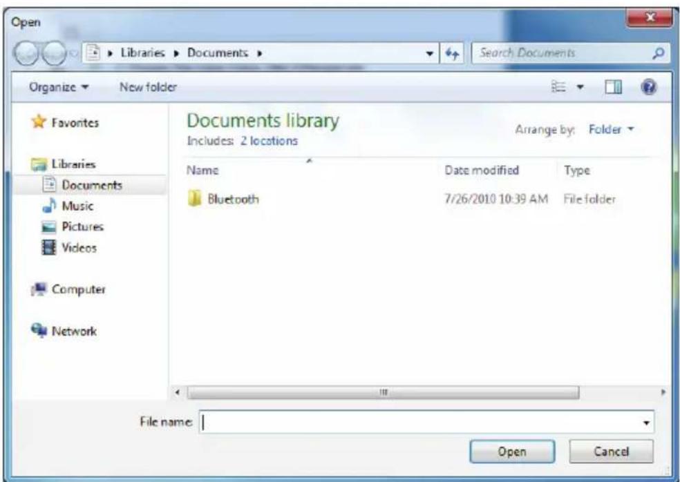 Open Libraries > Documents > Search Documents Organize ▼ New folder Favorites Libraries Documents Music Pictures Videos Computer Network Documents library Includes: 2 locations Arrange by: Folder Name Date modified Type Bluetooth 7/26/2010 10:39 AM File folder File name: Open Cancel