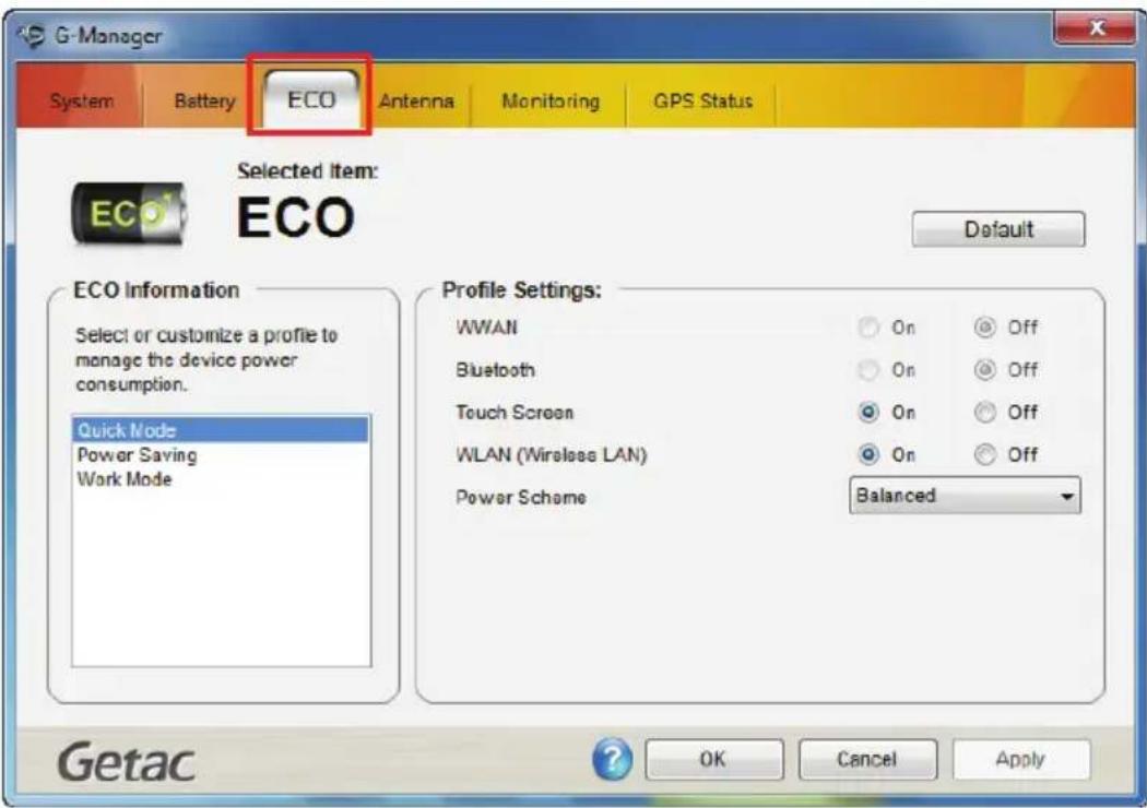 G-Manager System Battery ECO Antenna Monitoring GPS Status Selected Item: ECO Default ECO Information Select or customize a profile to manage the device power consumption. Quick Mode Power Saving Work Mode Profile Settings: WWAN ○ On ○ Off Bluetooth ○ On ○ Off Touch Screen ○ On ○ Off WLAN (Wireless LAN) ○ On ○ Off Power Scheme Balanced Getac OK Cancel Apply