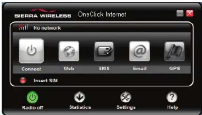 SIERRA WIRELESS OneClick Internet .m1 No network Connect Web SMS Email GPS Insert SIM Radio off Statistics Settings Help
