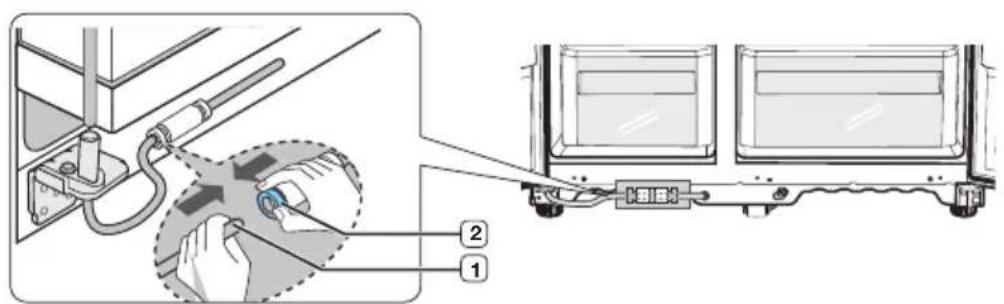 Technical diagram showing a mechanical assembly with labeled parts, including a tool and component details.