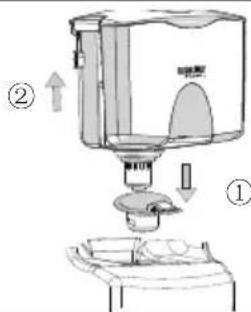 Diagram of a medical device with labeled parts and directional arrows indicating assembly or movement.