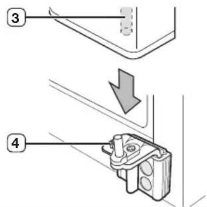 Technical diagram showing mechanical assembly steps with numbered components and directional arrow