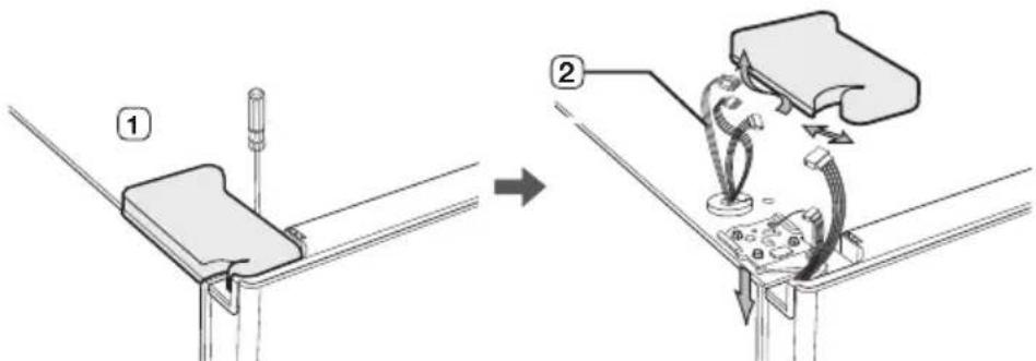 Diagram illustrating a mechanical assembly process with labeled steps ① and ② showing connection to a device.
