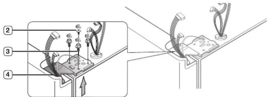 Technical diagram showing cable installation steps with numbered components and a directional arrow indicating movement.