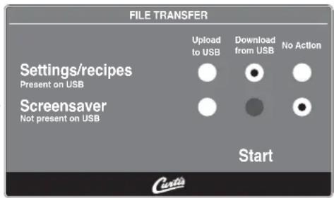 FILE TRANSFER Settings/recipes Present on USB Screensaver Not present on USB Upload to USB Download from USB No Action Start