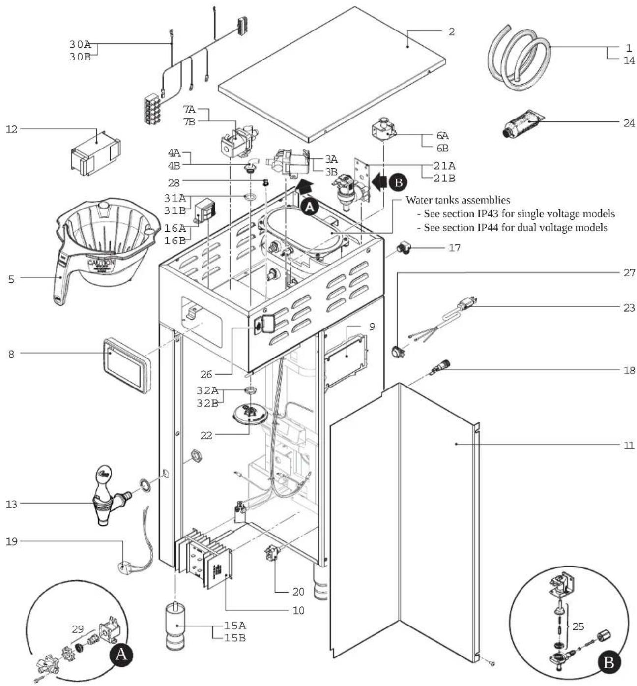Exploded view diagram of a water heater with labeled components and parts, including single-voltage and dual-voltage models.