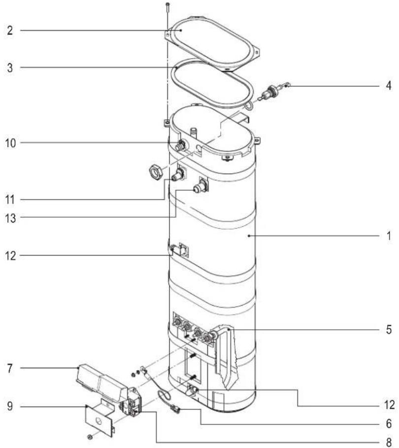 Technical diagram of a cylindrical device with numbered components for identification