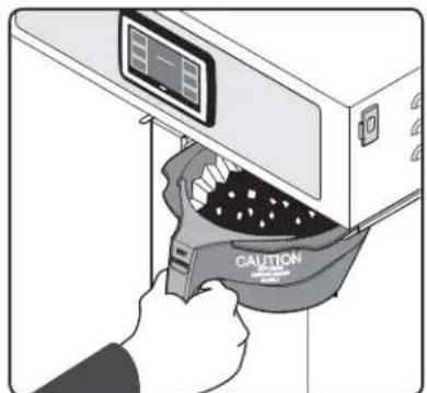 Illustration of a hand using a funnel to clean or remove a dark substance from a microwave oven (no text or symbols visible)