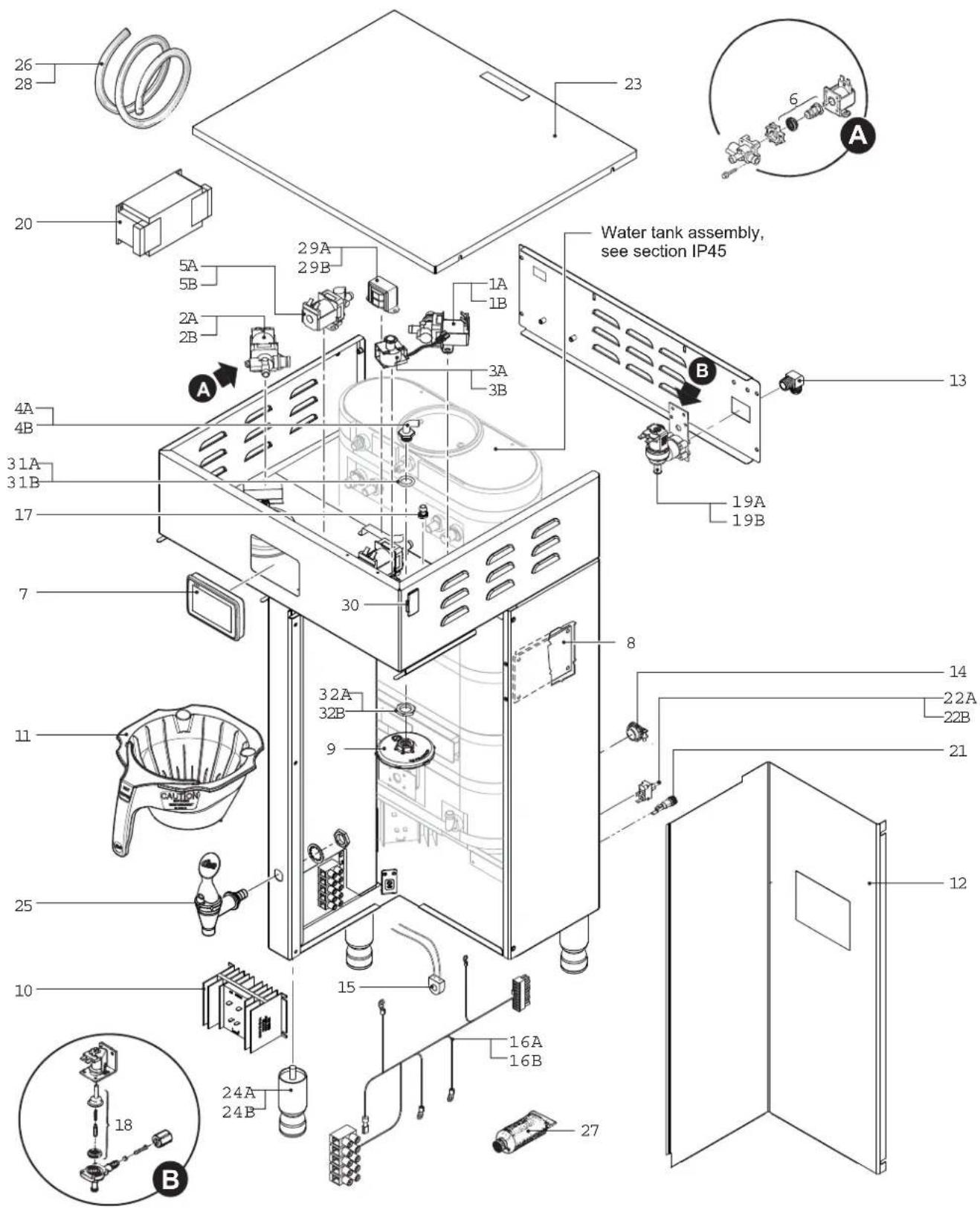 Exploded view diagram of a water tank assembly with numbered components and labeled parts