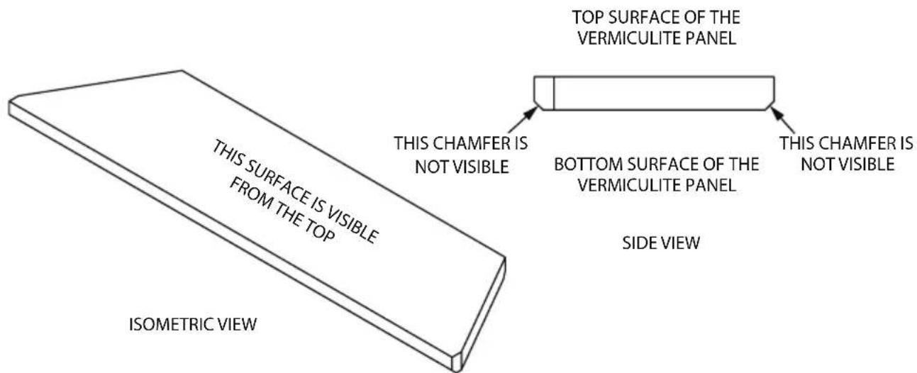 TOP SURFACE OF THE VERMICULITE PANEL THIS SURFACE IS VISIBLE FROM THE TOP THIS CHAMFER IS NOT VISIBLE BOTTOM SURFACE OF THE VERMICULITE PANEL THIS CHAMFER IS NOT VISIBLE SIDE VIEW ISOMETRIC VIEW