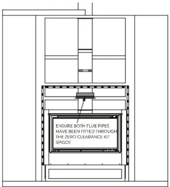 ENSURE BOTH FLUE PIPES HAVE BEEN FITTED THROUGH THE ZERO CLEARANCE KIT SPIGOT