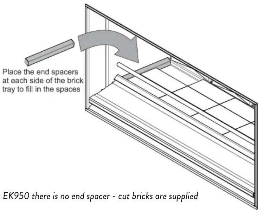 Place the end spacers at each side of the brick tray to fill in the spaces EK950 there is no end spacer - cut bricks are supplied