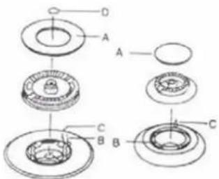Technical diagram showing exploded view of mechanical components with labeled parts A, B, C, D and circular features
