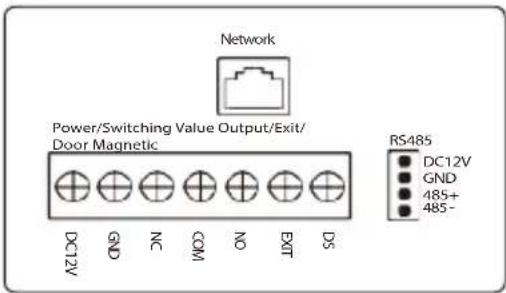 Network Power/Switching Value Output/Exit/ Door Magnetic DC12V GND NC COM NO EXIT DS RS485 DC12V GND 485+ 485-