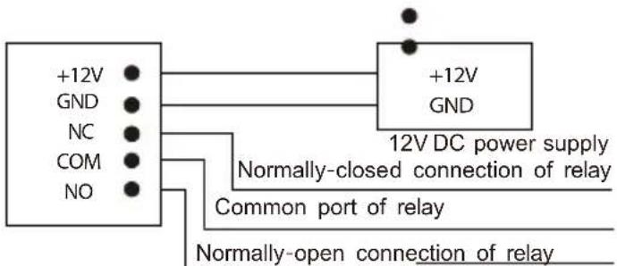 +12V GND NC COM NO +12V GND 12V DC power supply Normally-closed connection of relay Common port of relay Normally-open connection of relay