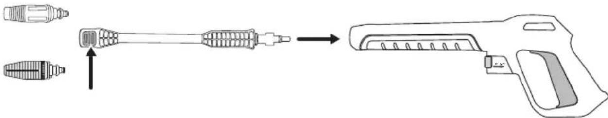 Diagram showing the assembly process of a hairdryer tool, with labeled parts and directional arrow indicating assembly direction.