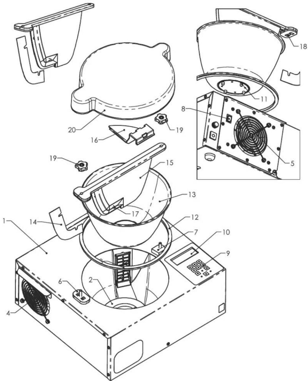 Technical diagram of a portable air conditioner unit with numbered components and exploded view