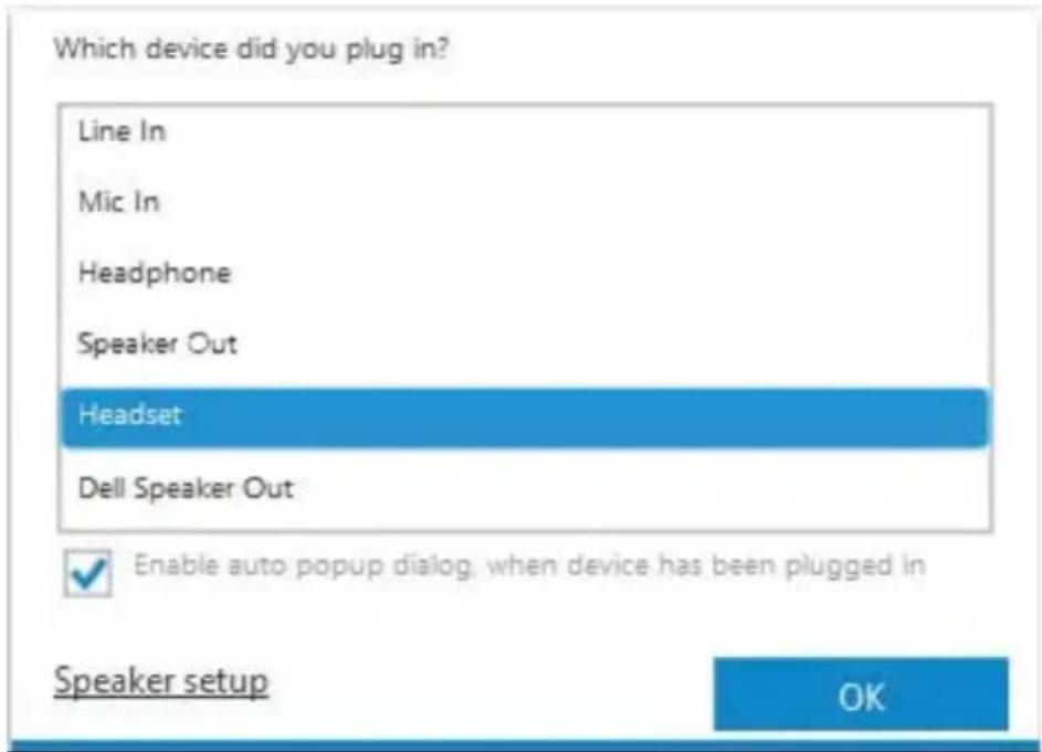 Which device did you plug in? Line In Mic In Headphone Speaker Out Headset Dell Speaker Out Enable auto popup dialog, when device has been plugged in Speaker setup OK