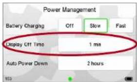Power Management Battery Charging Off Slow Fast Display Off Time 1 min Auto Power Down 2 hours