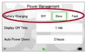 Power Management Battery Charging Off Slow Fast Display Off Time 1 min Auto Power Down 2 hours