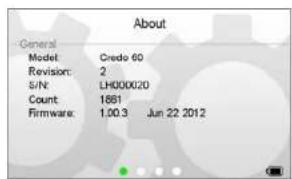About General Model Credo 60 Revision: 2 S/N: LH000020 Count 1861 Firmware: 1.00.3 Jun 22 2012