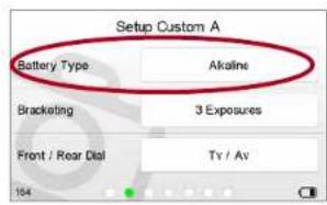 Setup Custom A Battery Type Alkaline Bracketing 3 Exposures Front / Rear Dial Ty / Av 104