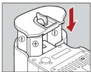Technical diagram of a mechanical component with labeled parts and a red downward arrow indicating a decrease or transformation.