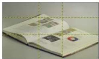 Open book with printed images and text, showing a grid of small square tiles on the right page.