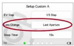Setup Custom A EV Step 1/3 Step Lens Change Last Aperture Sleep Timer 15s 154