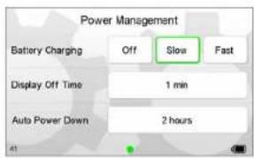 Power Management Battery Charging Off Slow Fast Display Off Time 1 min Auto Power Down 2 hours