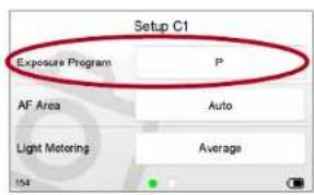 Setup C1 Exposure Program P AF Area Auto Light Metering Average