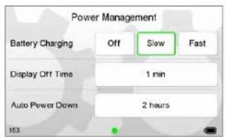Power Management Battery Charging Off Slow Fast Display Off Time 1 min Auto Power Down 2 hours 153
