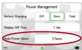 Power Management Battery Charging Off Slow Fast Display Off Time 1 min Auto Power Down 2 hours
