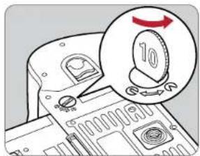 Diagram showing a device with a 10-step rotary knob and a magnified view of the knob's rotation arrow.