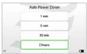 Auto Power Down 1 min 5 min 30 min 2 hours
