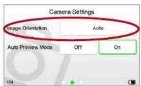 Camera Settings Image Orientation Auto Auto Preview Mode Off On