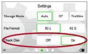 Settings Storage Mode Auto CF FireWire File Format IQ L IQ S Check Disk Off On