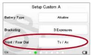 Setup Custom A Battery Type Alkaline Bracketing 3 Exposures Front / Rear Dial Tv / Av