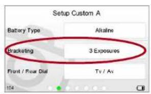 Setup Custom A Battery Type Alkaline Bracketing 3 Exposures Front / Rear Dial Tv / Av 104