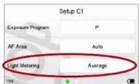 Setup C1 Exposure Program P AF Area Auto Light Metering Average