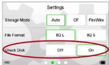 Settings Storage Mode Auto CF FireWire File Format IIQ L IIQ S Check Disk Off On 489