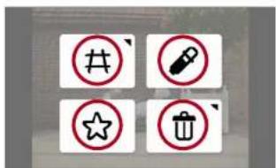 Four circular icons with symbols: number, nozzle, star, and trash can, arranged in a 2x2 grid.