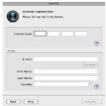 License Activate Capture One. Please fill out the fields below. License Code: Profile E-mail: Go Profile First Name: Last Name: Country: Back Help Activate...