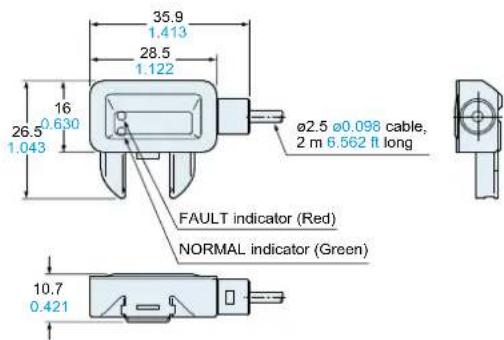 35.9 1.413 28.5 1.122 ø2.5 ø0.096 cable, 2 m 6.562 ft long 16 0.630 26.5 1.043 FAULT indicator (Red) NORMAL indicator (Green) 10.7 0.421