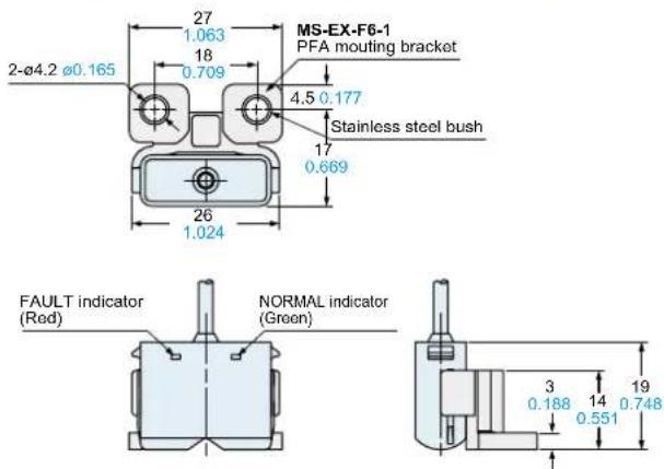 2-Ø4.2 Ø0.165 27 1.063 18 0.709 MS-EX-F6-1 PFA mounting bracket 4.5 0.177 Stainless steel bush 17 0.669 26 1.024 FAULT indicator (Red) NORMAL indicator (Green) 3 0.188 14 0.551 19 0.748
