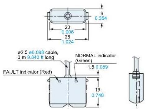 9 0.354 23 0.906 26 1.024 ø2.5 ø0.098 cable, 3 m 9.843 ft long NORMAL indicator (Green) 1.5 0.059 FAULT indicator (Red) 19 0.748