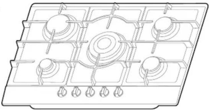 Line drawing of a gas stove or appliance with multiple circular components and heat sinks (no text or symbols)