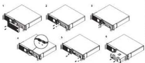Diagram showing six sequential steps of a device or electronic component with labeled parts and a magnified inset detail.