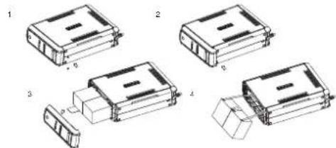 Technical diagram showing four stages of a device housing assembly with labeled components and directional arrows